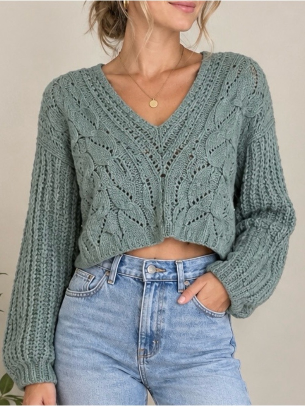 Cable knit cropped sweater, dusty blue, size large